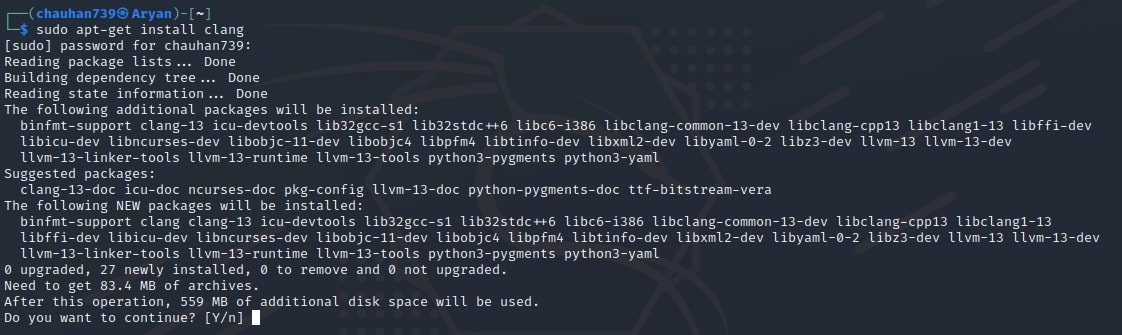 Output for `sudo apt-get install clang`