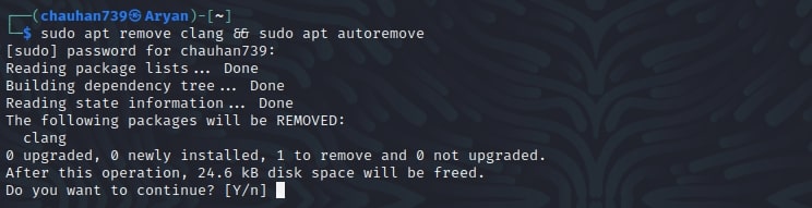 Output for `sudo apt remove clang && sudo apt autoremove`